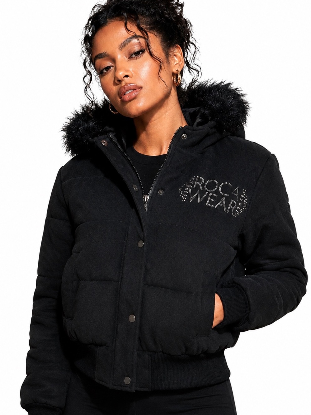 PRICE FIRM Vintage Rocawear Black Quilted Jacket with Fur Hood